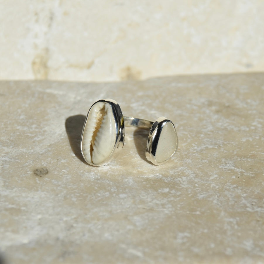 Adjustable Sea Glass & Cowrie Shell Ring
