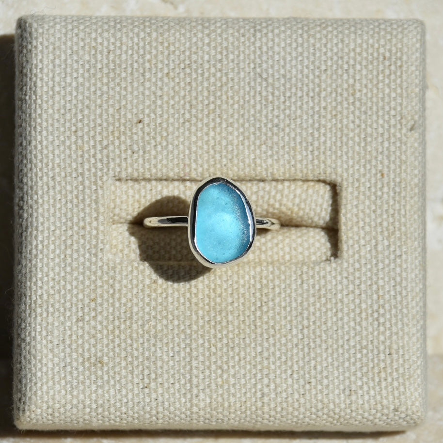 Bright Blue Sea Glass Ring | Size N