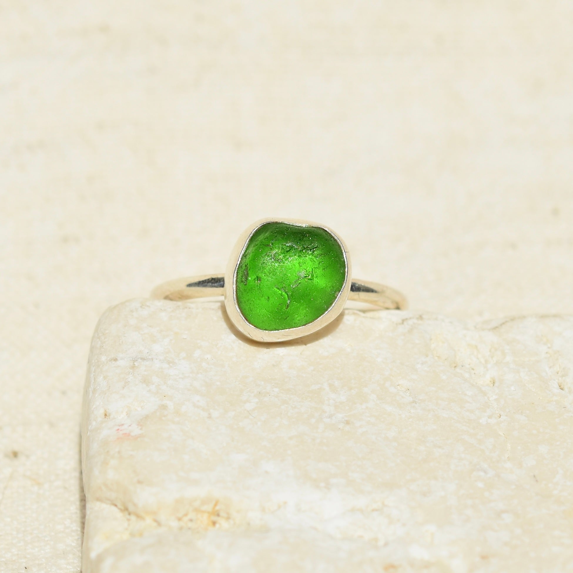Emerald Green Sea Glass Ring | Size Q