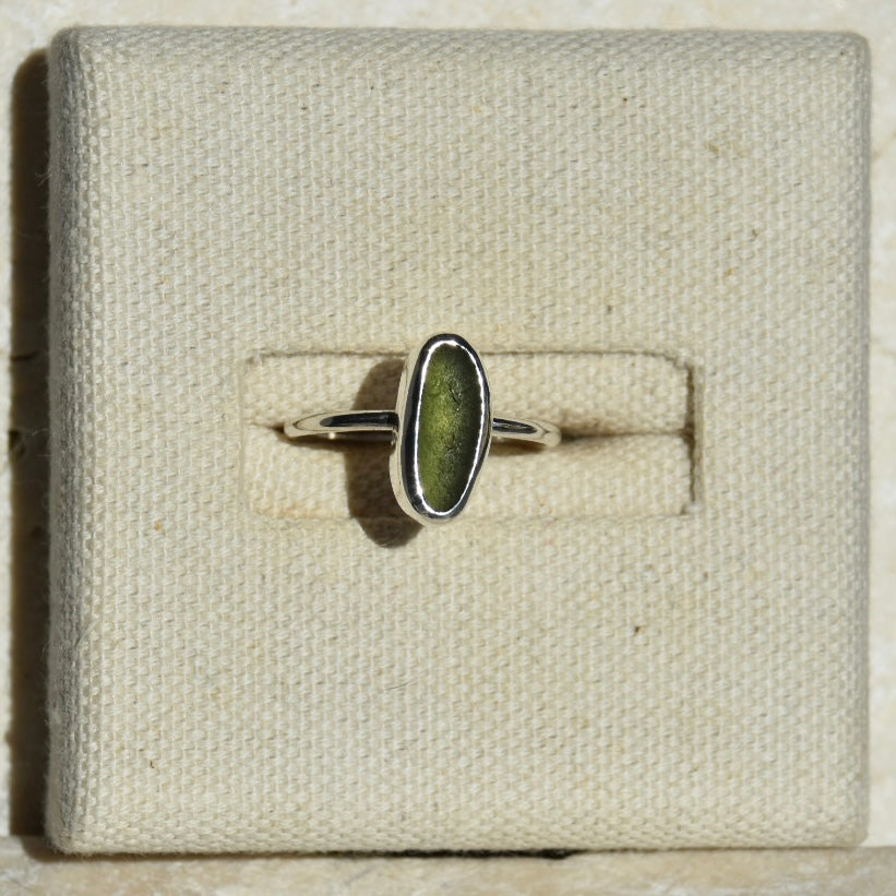 Dark Olive Green Sea Glass Ring | Size O