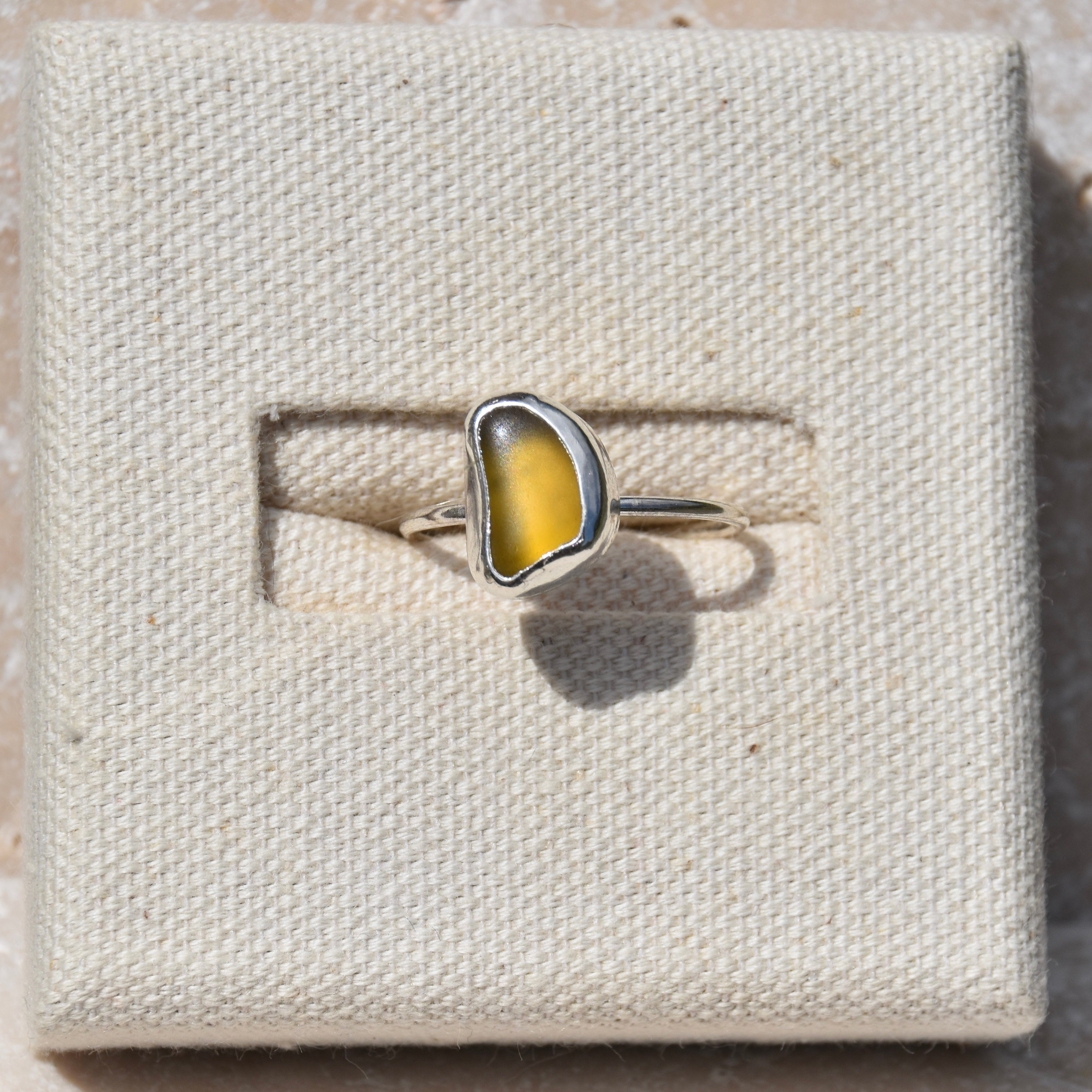 Olive Yellow Sea Glass Ring | Size P