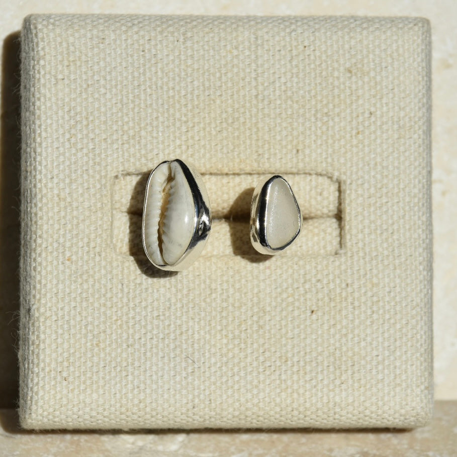 Adjustable Sea Glass & Cowrie Shell Ring