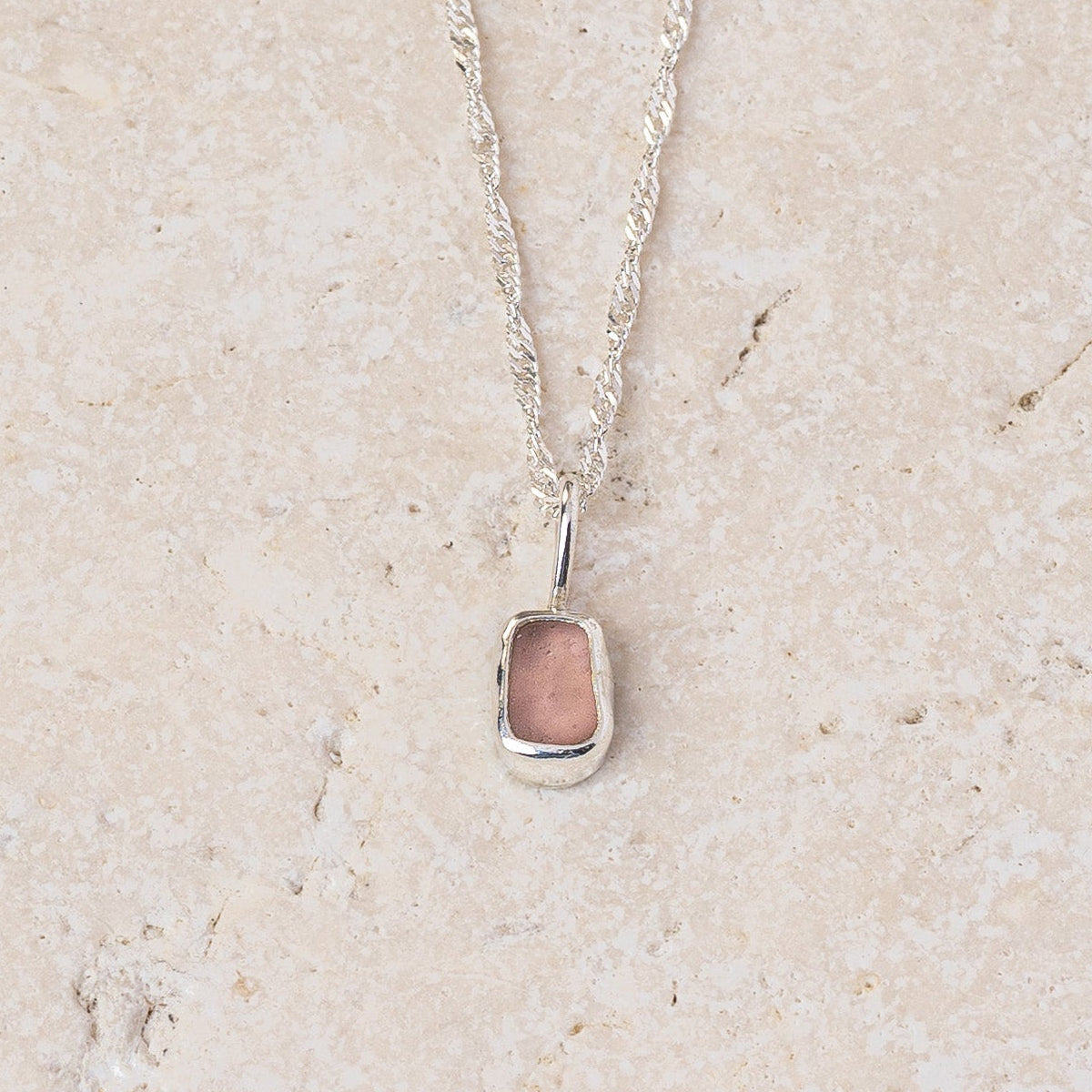 Pink pebble sea glass necklace on a fine sterling silver chain, handmade in Cornwall