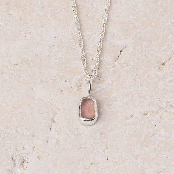 Pink pebble sea glass necklace on a fine sterling silver chain, handmade in Cornwall