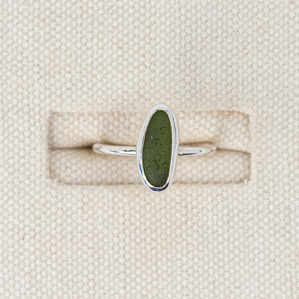 Dark Olive Green Sea Glass Ring | Size O