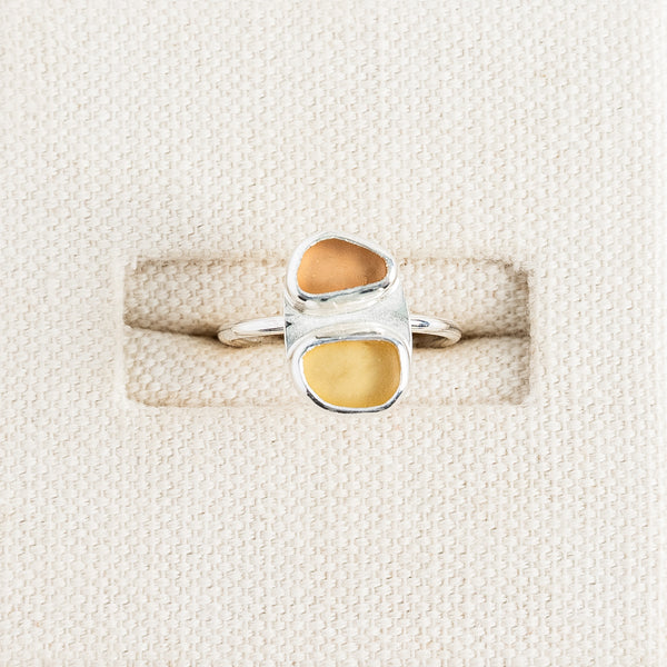 Double stone green and amber sea glass ring in sterling silver, Broken Wave Jewellery Cornwall