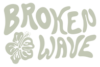 Brand name 'Broken Wave' with a floral design on a light gray background